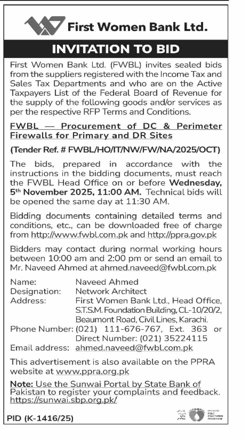 First Women Bank Limited Karachi Tender Notice